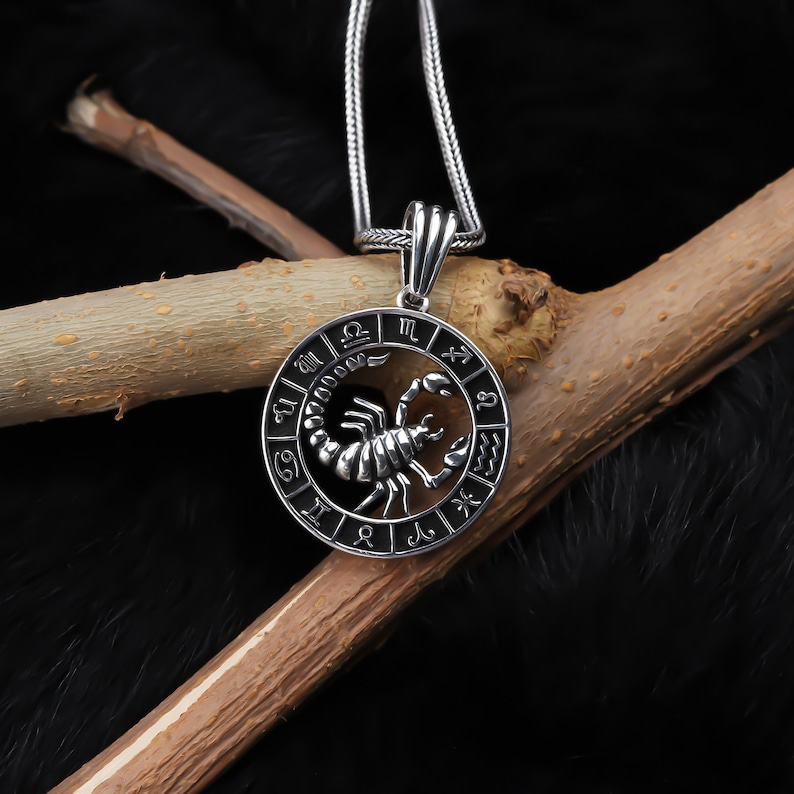 Op de afbeelding: Zilveren ketting met een ronde hanger met een schorpioen en de dierenriemsymbolen. De hanger ligt op een zwarte achtergrond met een houten tak.