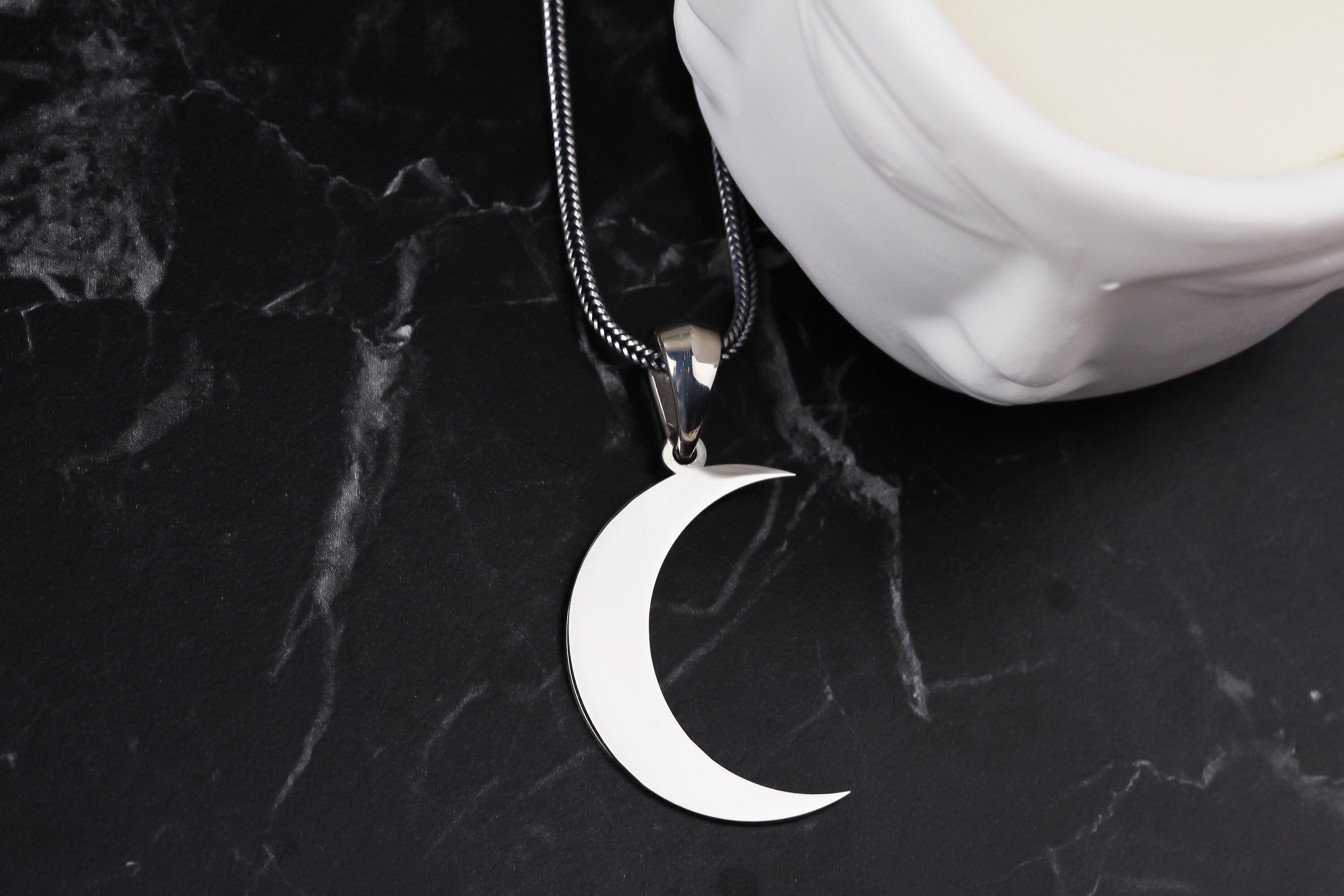 Sterling Silver Crescent Moon Pendant Necklace - Men's Half Moon Charm