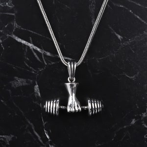 Weightlifting Men Necklace • Silver Dumbbell Pendant • Sports Men&#39;s Necklace •  Fitness Trainer Pendant • Gym Jewelry • Dumbbell Necklace