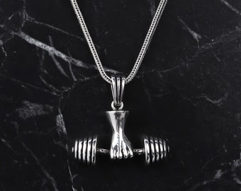 Weightlifting Men Necklace • Silver Dumbbell Pendant • Sports Men's Necklace •  Fitness Trainer Pendant • Gym Jewelry • Dumbbell Necklace