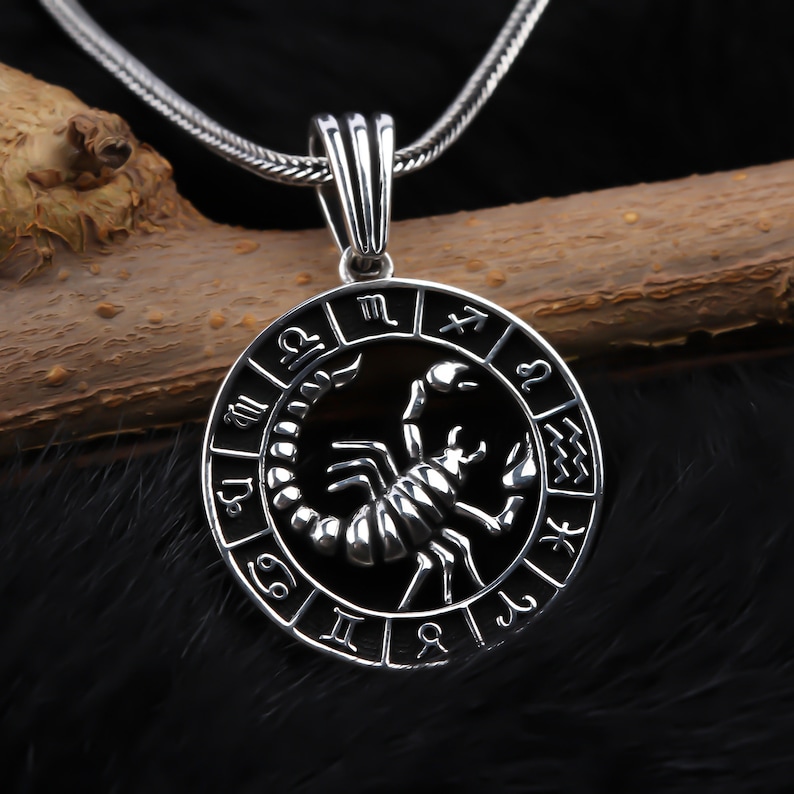 Op de afbeelding: Zilveren ketting met hanger met een gedetailleerd schorpioendesign in een cirkel van dierenriemsymbolen. De hanger is aan een zilveren ketting.