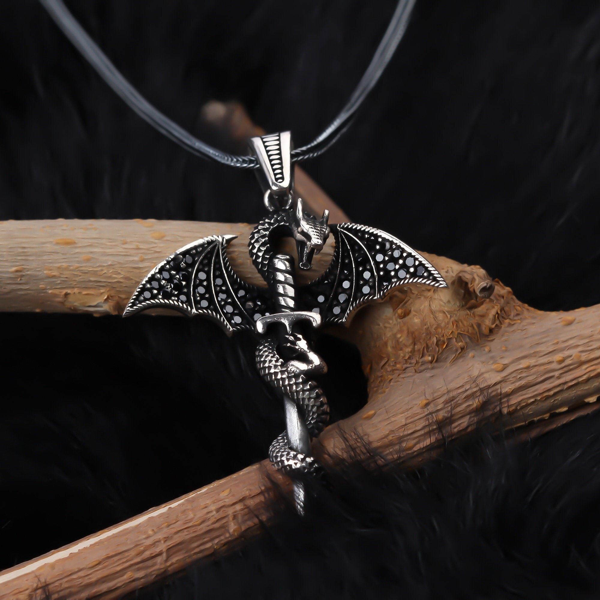 Sterling Silver Dragon Sword Necklace: Mythology Pendant