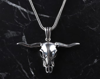 Buffalo Skull Men Necklace • Silver Buffalo Pendant • Animal Necklace • Horn Bull Necklace •Sterling Silver Bull Necklace •Gothic Boho Charm