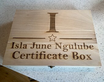 Personalised Engraved Certificate Box with Star and Initial Wood with Metal Clasp