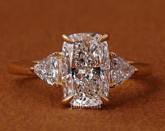 3 CT Elongated Cushion Cut Lab Grown Diamond Engagement Ring with Trillion Side Stones Three Stone Gold Ring, IGI Certified