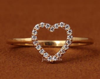 0.50 TCW Pave Lab Diamond Open Heart Ring 14k Solid Yellow Gold Promise Ring Minimalist Round Cut Diamonds