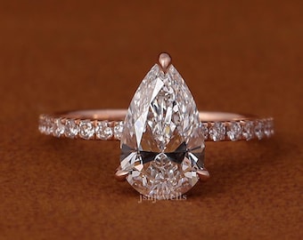 2 Carat Pear Cut Lab Diamond Pave Ring, IGI Certified, E-F VVS2-VS1 Color Clarity 18k Rose Solid Gold