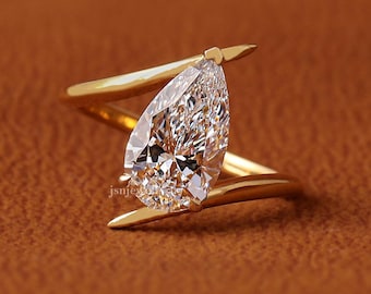 3 Carat IGI Certified Pear Shaped Diamond Engagement Ring in Bypass Setting, Tear Drop Shape, 18k Yellow Gold