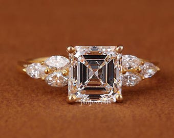 2 CT IGI Certified Asscher Cut Diamond Engagement Ring with Side Marquise Cut Cluster Lab Grown Diamond Ring