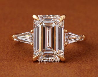 Emerald Cut 5 carat IGI Certified Lab Grown Diamond Three Stone Engagement Ring, Side Tapered Baguettes 18k Gold