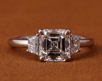2 CT IGI Certified Asscher Cut Diamond Engagement Ring, Lab Grown Diamond Wedding Ring, Three Stone Diamond Ring