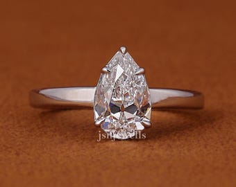 2 Ct Old Mine Pear Cut Lab Diamond Ring: 14K Solid White Gold Solitaire Engagement Ring IGI Certified