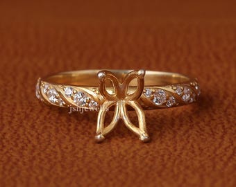 Gold Rectangle Ring Setting Semi Mount Twisted Pave Ring Setting Gold Blanks Tulip Set Semi Mount Ring