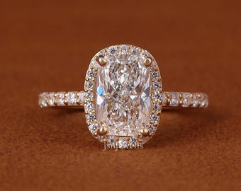 3 Carat Long Cushion Lab Grown Diamond Halo Engagement Ring: Promise Ring IGI Certified, 14k Yellow Gold