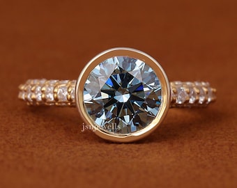 2.00 CT Blue Round Lab Grown Diamond Bezel Engagement Ring, Pave Band, Anniversary Gift