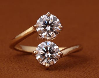 2 TCW Lab Grown Diamond Two Stone Ring, 14K Gold Round Cut Engagement Bridal Jewelry