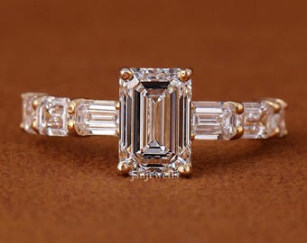 1 to 3 Ct Emerald Cut Lab Diamond Engagement Ring | 14K Yellow Gold Half-Pave (E/F VVS2/VS1)