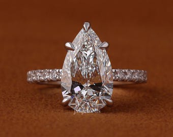 1, 2, 3, 4, 5 Carat Pear Cut Lab Grown Diamond Hidden Halo Ring 14K Gold Engagement Ring