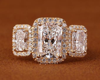 3 Carat IGI Certified Radiant Lab Grown Diamond Three Stone Engagement Ring 14k Yellow Gold Proposal Ring