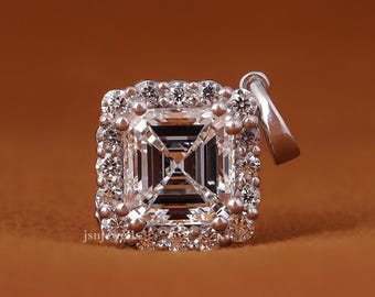 IGI Certified 2 Ct Asscher Cut Lab Grown Halo Pendant 14K Yellow White Gold Necklace