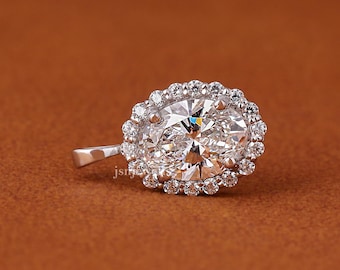 2 Carat Oval Cut Lab Grown Diamond Halo Pendant, 14k White Gold Ring, IGI Certified