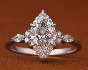Vintage Marquise Lab Grown Diamond Ring, Muse Engagement Ring with Marquise and Round Diamonds, 1 to 3 Carat Marquise Cut Ring for Women