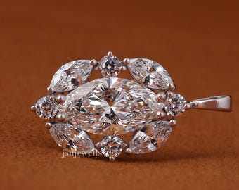 Diamond Pendant Marquise Cut, 2.00 Ct 14K Gold Marquise Shaped Cluster Design Lab Grown Diamond Necklace, Solitaire Cluster Necklace