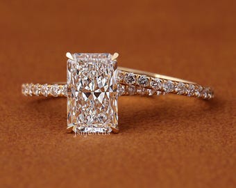 4 Carat Radiant Cut Lab Grown Diamond Engagement Ring IGI Certified Pave Band 14K Yellow Solid Gold