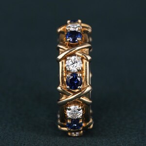 Blue Sapphire and Diamond full Eternity Band in 14K Yellow Gold, Criss Cross Ring Prong Design Eternity Band, Moissanite Promise Rings