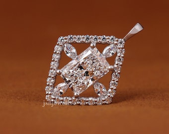 14Kt Gold 3 Ct Diamond Pendant, Diamond Radiant Cut, Lab Grown Diamond Cluster Necklace