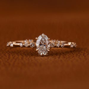 1.0 - 3.0 Oval Lab Grown Diamond engagement ring Unique Yellow gold ring Round Diamond cluster ring Bridal Art deco Wedding anniversary ring