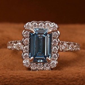 Halo Engagement Ring with Emerald Cut Lab Grown Diamond, 4 Claw Prongs, Round Diamond Pave Band, IGI Certified,Emerald Diamond Ring