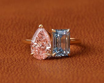 4 TCW Pear and Emerald Cut Lab Grown Color Two Stone Diamond Ring, IGI Certified, 18k Yellow Gold Ring