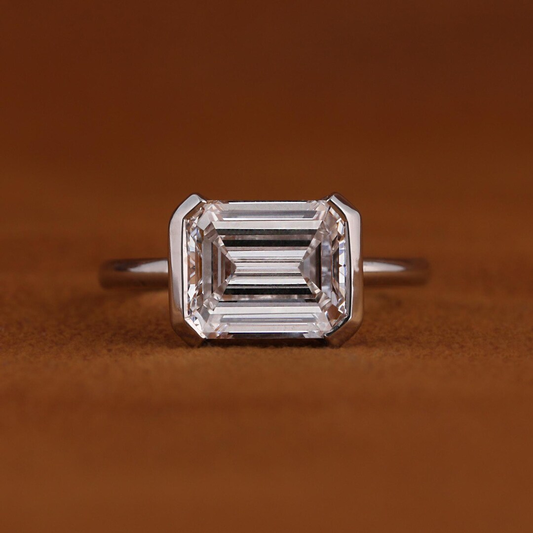 Mergering Emerald Cut Lab Grown Diamond Engagement Ring: Half Bezel Solitaire - Etsy
