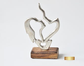 Abstract Kissing Couple Figurine, Love Sculpture, Handmade Metal and Wood Sculpture, 1st Anniversary or Birthday Gift, Art Home Decor Statue