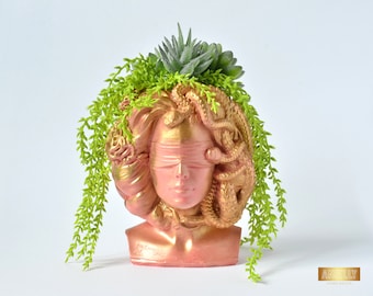 Medusa Gorgon Übertopf, Rose Gold Gesicht Vase, Ästhetisches Raumdekor, Sukkulenten Topf, Göttinnenkopf Übertopf, Make-up Pinsel Halter, Griechische Statue Topf