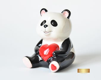 Panda Ceramic Planter With Red Heart, Cute Animal Flower Pot, Glazed Ceramic Vase Gift For Kids And Friends, Adorable Decorative Vase Gift