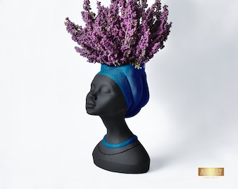 Vaso con testa di dea, grande vaso con busto di fiori secchi, unica regina africana Mayra, vaso opaco turchese, regalo di inaugurazione della casa, vaso per piante grasse