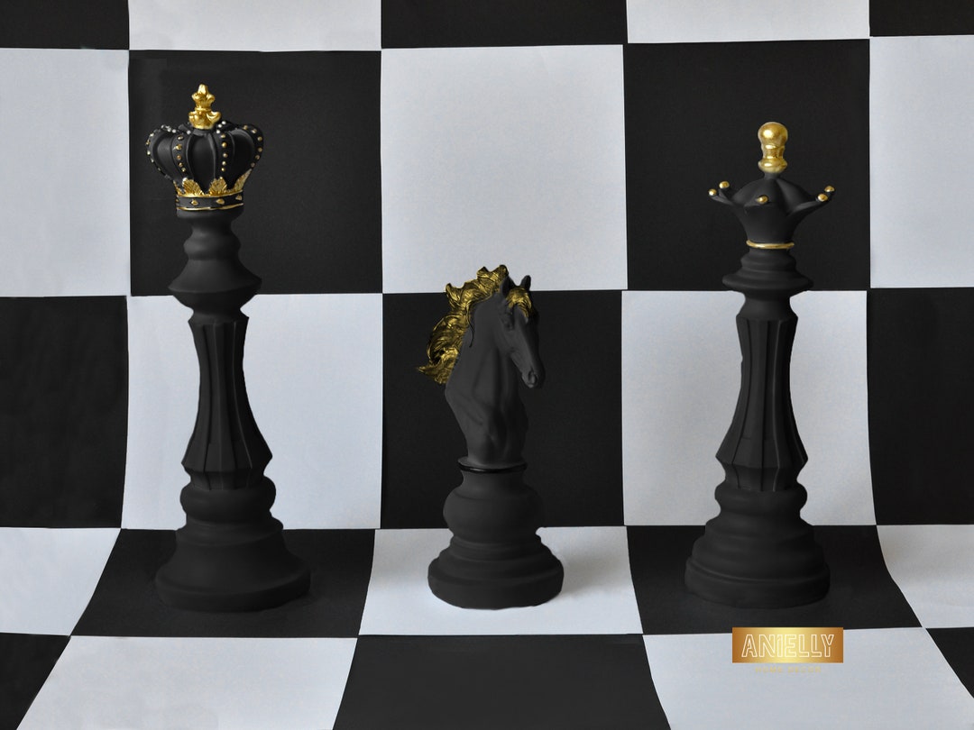 Black Chess Pieces Statues, Large Size Figurines, Chess Knight, Queen ...