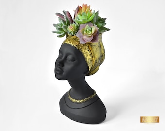 Female Head Planter, Mayra Vase with Golden Turban, Indoor Home Decor, Bust Succulent Planter, Concrete Woman Statue, Flower Face Planter