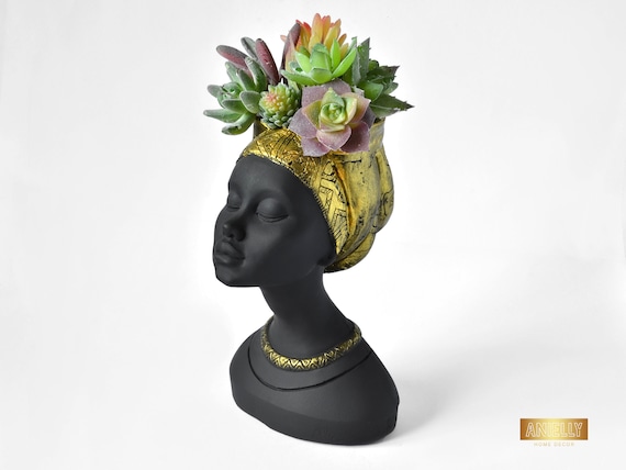 Female Head Planter, Mayra Vase with Golden Turban, Indoor Home Decor, Bust Succulent Planter, Concrete Woman Statue, Flower Face Planter