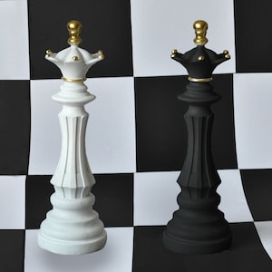 Schwarzweiß-Schachkönigin-Set, Elegantes Wohndekor, Schachkunst, Stilvolle Schachstückskulpturen, Einzigartige Königinfiguren, Modernes Kunstdekor