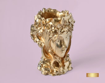 Head Planter Pot, Aesthetic Room Decor, Golden Face Planter, Woman Bust Flower Vase, Indoor Succulent Pot, Desk Planter, Gold Candle Holder