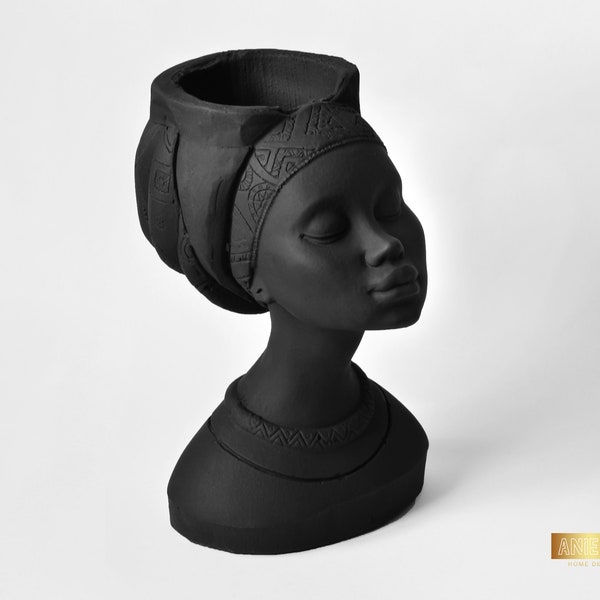 Jardinière de visage de tête de déesse, vase de statue noire femelle, buste de femme africaine en béton, pot succulent, jardinière de fleur de visage de Mayra, vase de statue de tête