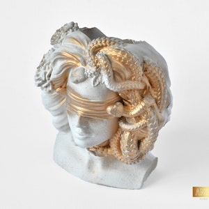 Grecian God Planter, Medusa Gorgon Head Statue, Flower Face Vase, Woman Bust Succulent Pot, White & Gold Cozy Desk Decor Vase, Candle Holder