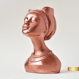 Bronze Face Planter Pot, Female Statue Head Vase, Desk Planter, Concrete African Woman Bust, Aesthetic Room Decor, Mayra Face Flower Planter