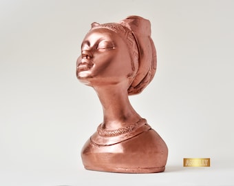 Bronze Gesicht Pflanztopf, weibliche Statue Kopf Vase, Schreibtisch Pflanzer, Beton Afrikanische Frau Büste, ästhetisches Raumdekor, Mayra Gesicht Blumentopf