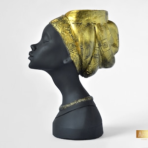 Female Head Planter, Mayra Vase with Golden Turban, Indoor Home Decor, Bust Succulent Planter, Concrete Woman Statue, Flower Face Planter