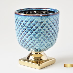 Large Blue and Gold Planter, Unique Home Decoration, Tabletop Gift, Glaze Ceramic Pot, Dry Flower Vase, Succulent Planter, Housewarming Gift