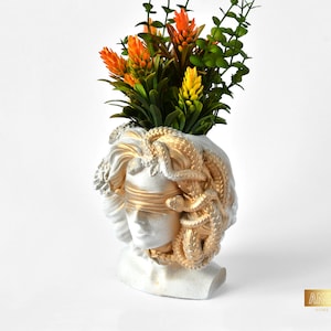 Grecian God Planter, Medusa Gorgon Head Statue, Mediterranean Vase, Woman Face Succulent Pot, White & Gold Vanity Desk Decor, Candle Holder